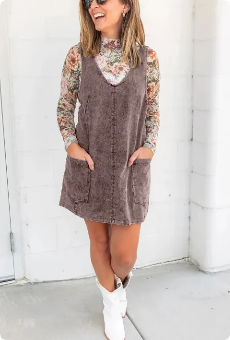 Goat Vintage Washed Denim V Neck Suspender Mini Dress - Goat