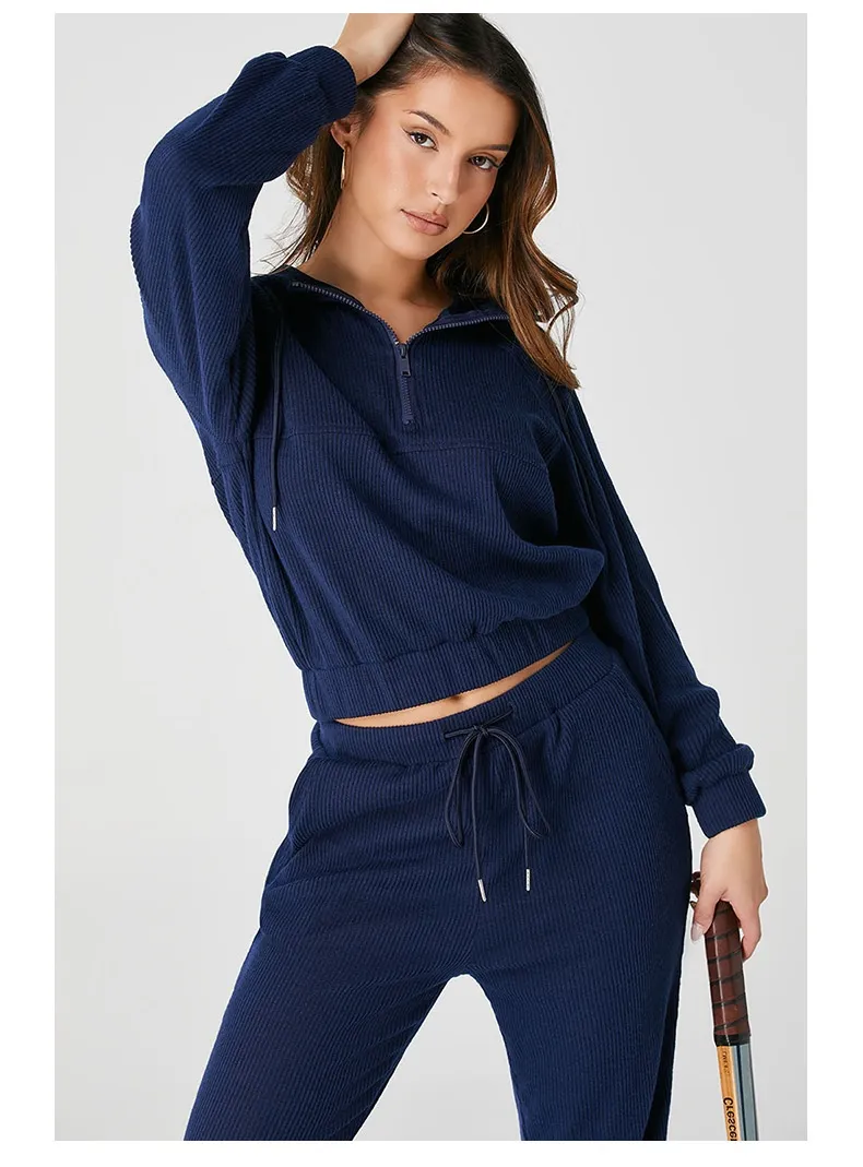 Sports Autumn And Winter Trousers Two-piece Solid Color Casual Sportswear - Blue