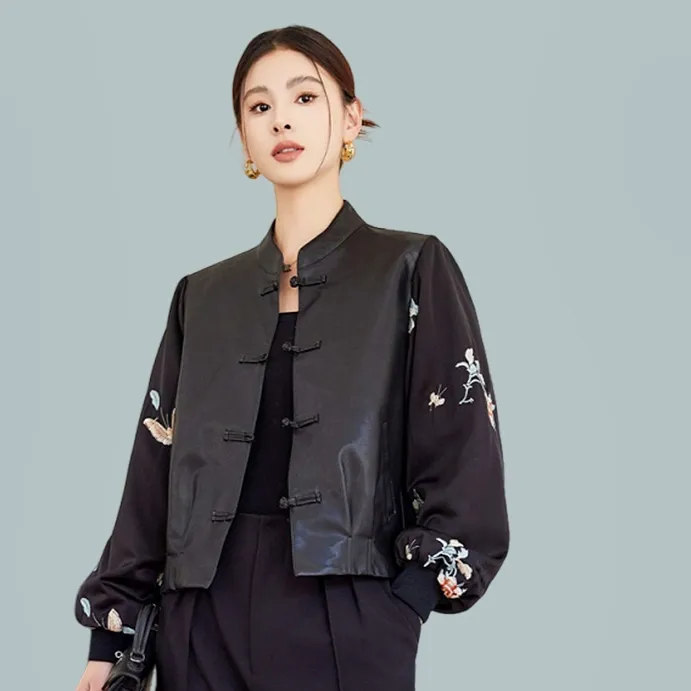 New Chinese Style Stitching Leather Coat Women's