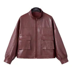 Women's Leather Top Loose All-matching European And American Style Short Coat - Wine Red - View 1