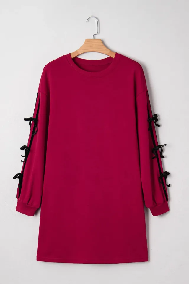 Racing Red Contrast Color Striped Bow Decoration Drop Shoulder Sweater Racing Red - Shop at LoveMi