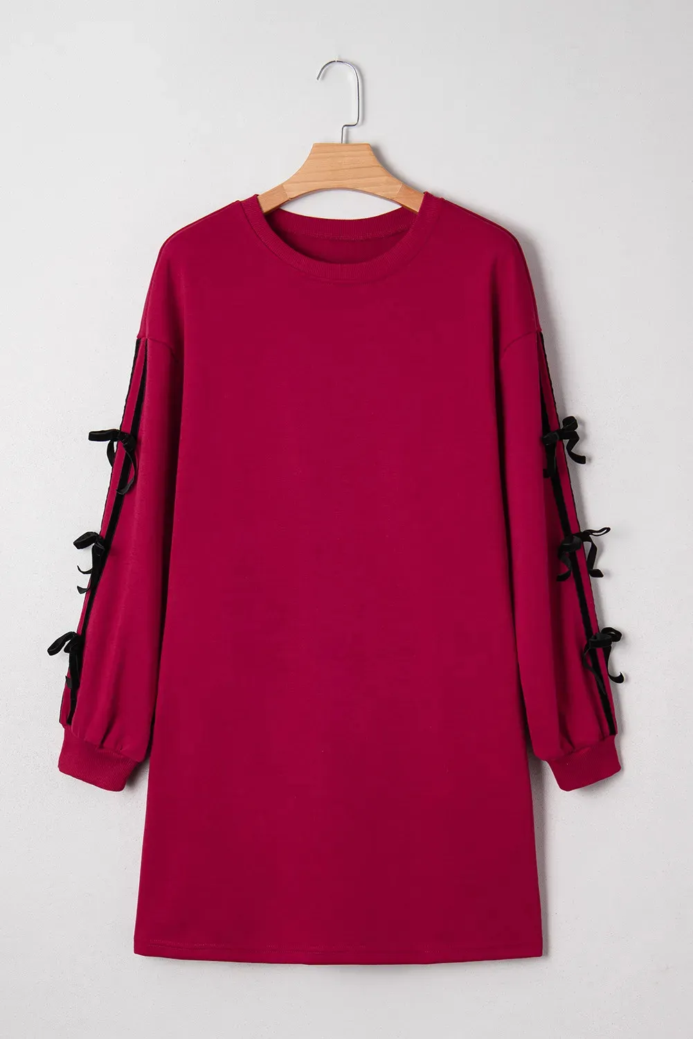 Racing Red Contrast Color Striped Bow Decoration Drop Shoulder Sweater - Racing Red