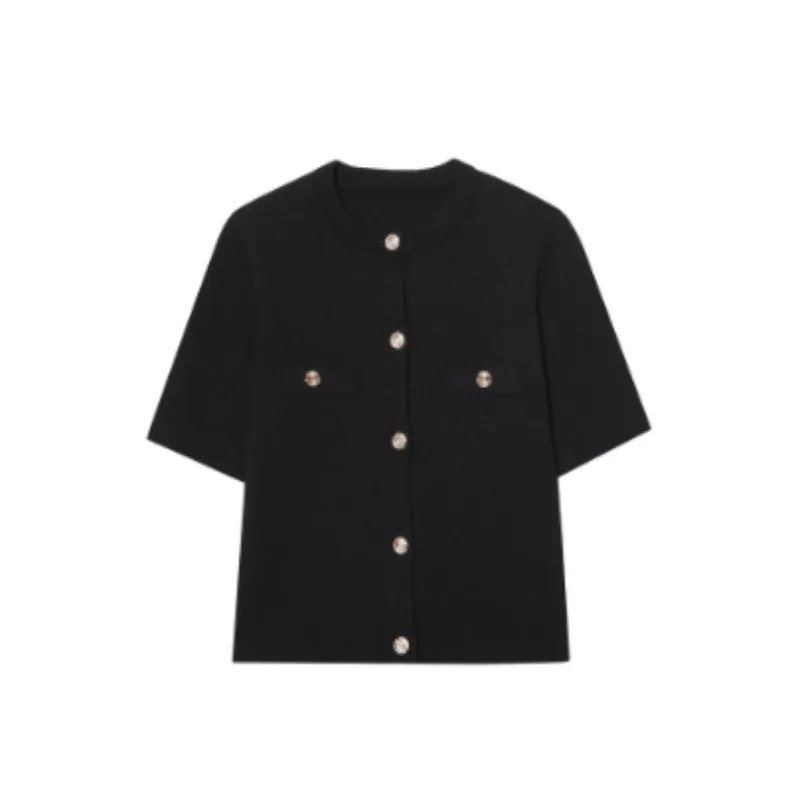 Polyester Women's Spring And Autumn Round Neck Knitted Cardigan Top - Black