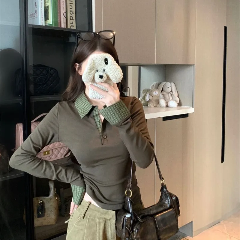Color Contrast Patchwork Lapel Temperament Long Sleeve T Fall Slim Fit Slimming - Olive