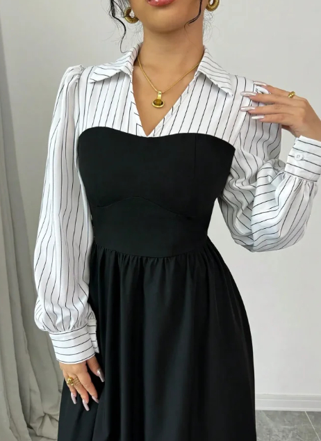 A Long Black And White Striped Dress For Ladies Black - Shop at LoveMi