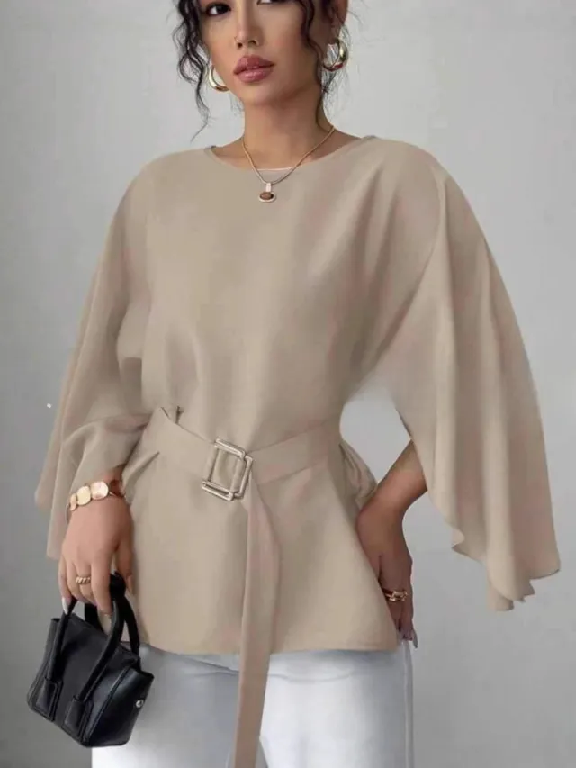Solid Color Shirt Flared Half Sleeve Women's Clothing Beige - Shop at LoveMi