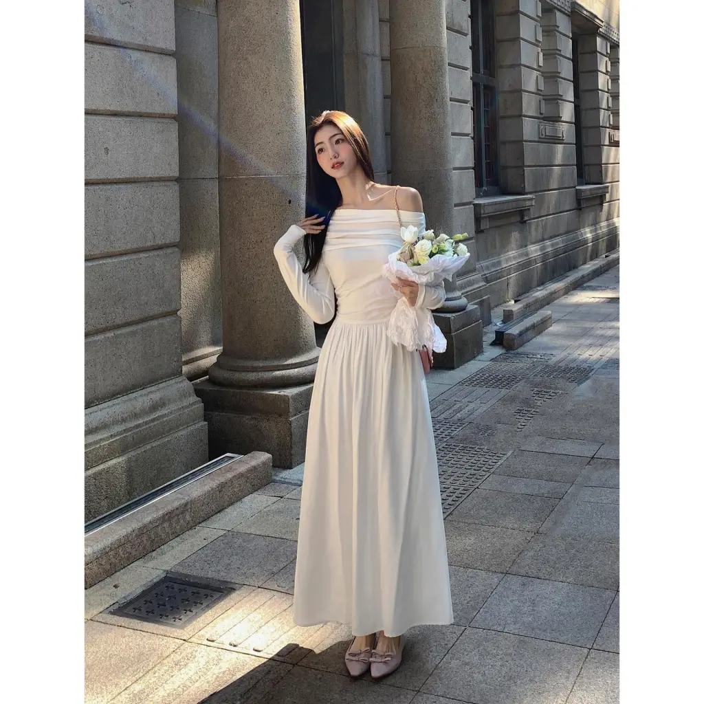 Off-shoulder White Long Sleeve Dress Women's Autumn Clothing - White