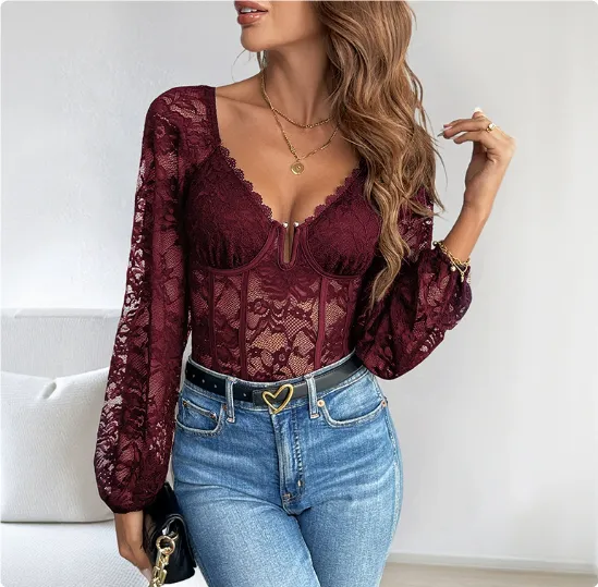 Women's Long sleeved Chest Cup Lace Jumpsuit Wine Red - Shop at LoveMi