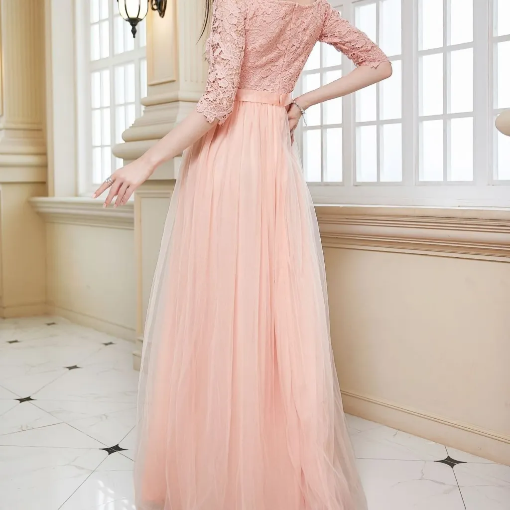 European And American V-neck Lace Off Shoulder Princess Dress - Pink
