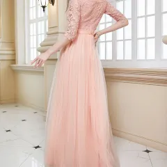 European And American V-neck Lace Off Shoulder Princess Dress - Pink - View 1