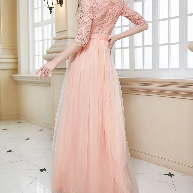 European And American V neck Lace Off Shoulder Princess Dress Pink - Shop at LoveMi