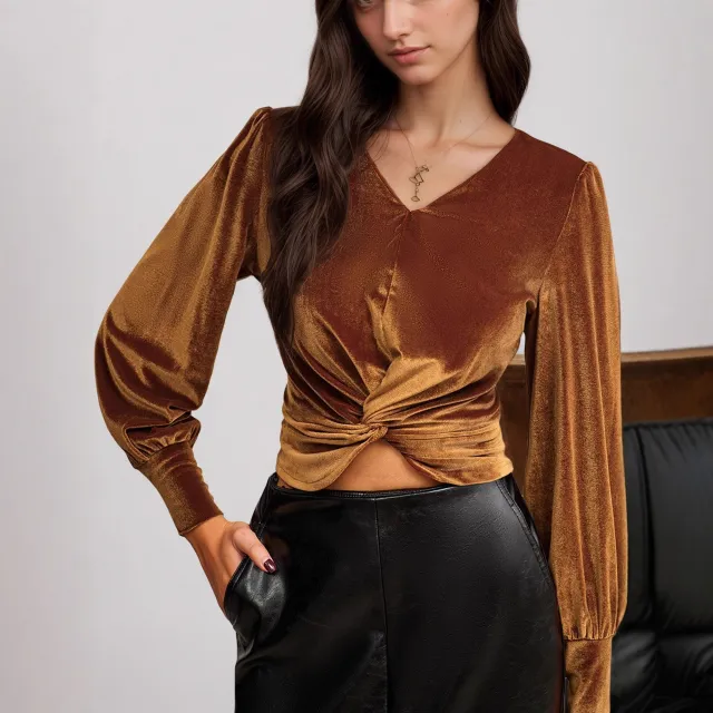 Polyester Women's Velvet French Waist Twist Design Long Sleeve Top Yellowish Brown - Shop at LoveMi