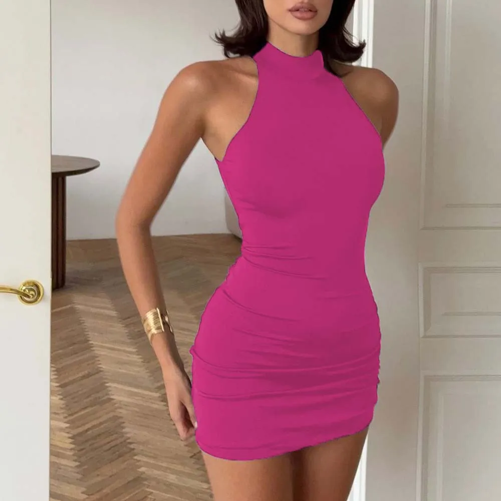 Women's Solid Color Casual Round Neck Off-the-shoulder Cinched Short Dress - Rose