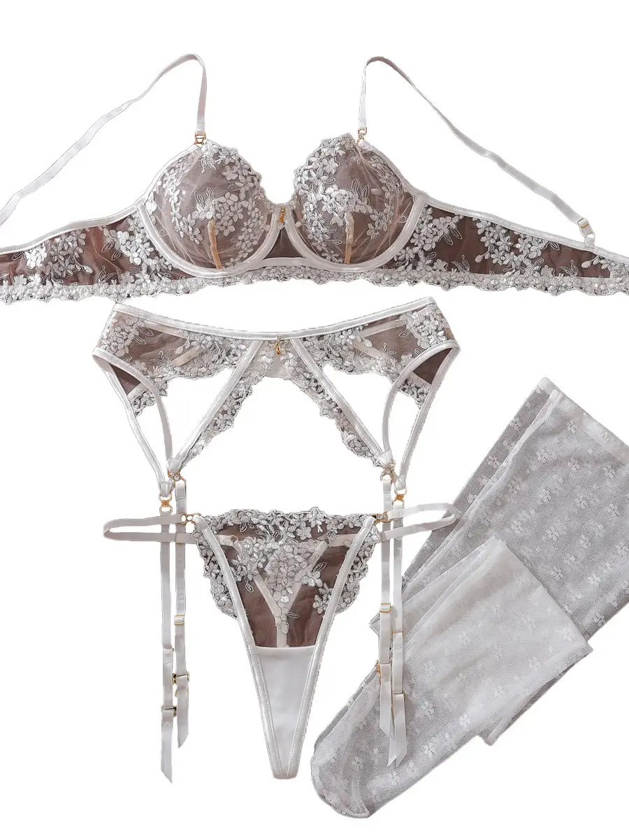 Embroidery Push Up Sexy Stockings White Lace See-through