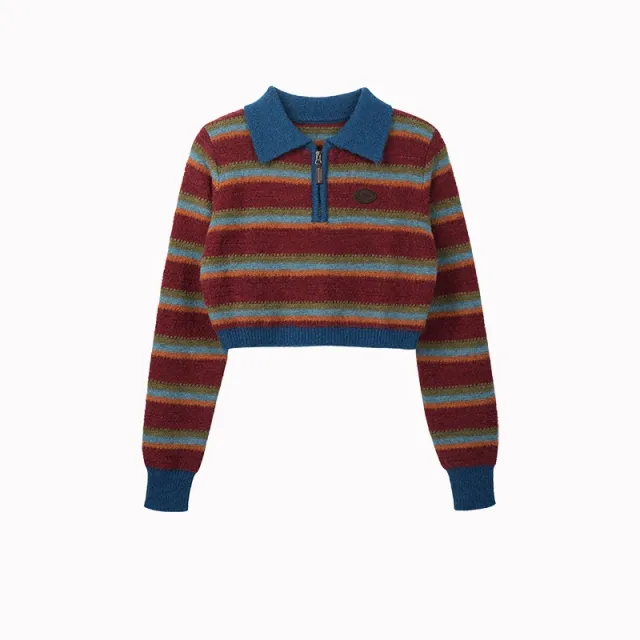 Retro Loose Women's Contrast Color Striped Polo Collar Sweater Blue - Shop at LoveMi