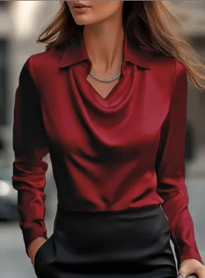 Women's Swing Collar Draped Shirts & Blouses Elegant Solid Satin Office Ladies Top Pullover Spring Long Sleeve Casual Tops - Red