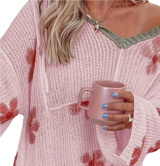 Fall Thin Loose Hooded Pullover Knitwear Women's Fashion Floral Printed Sweater Women Pink - Shop at LoveMi