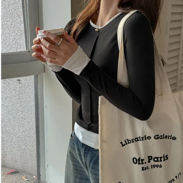 Round Neck False Two Pieces Inner Wear Women's Outer Wear High grade Top Black - Shop at LoveMi