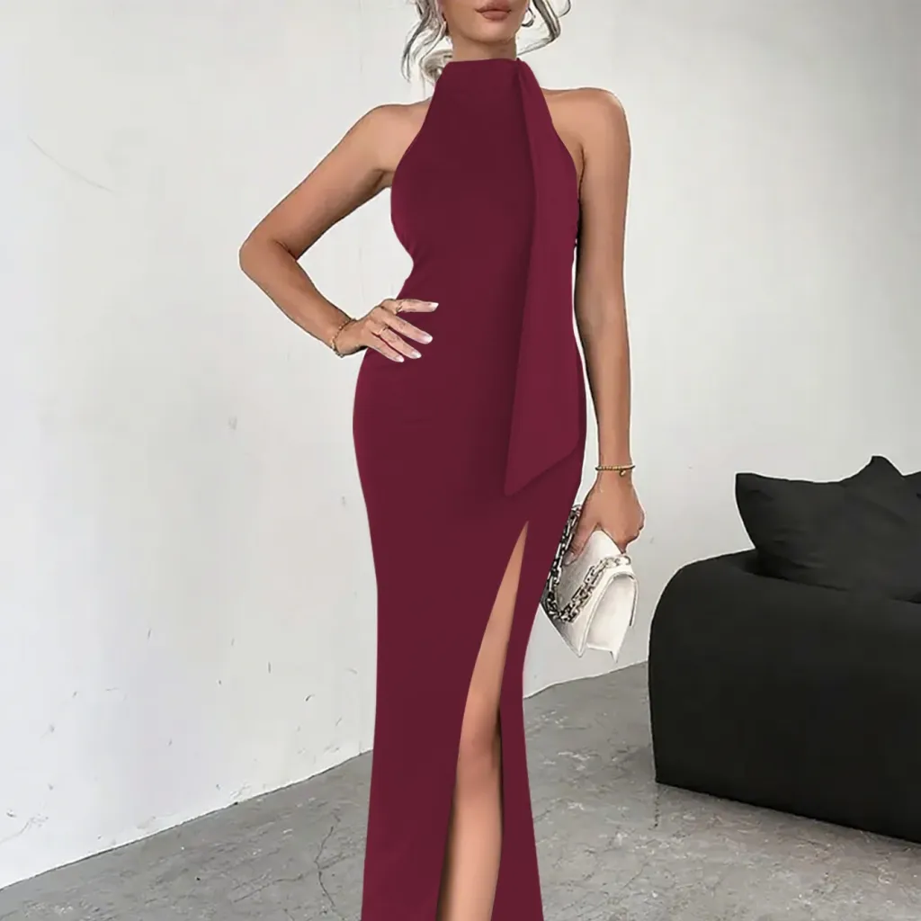 Sexy Backless Lace Up High Slit Sleeveless Dress - Wine Red