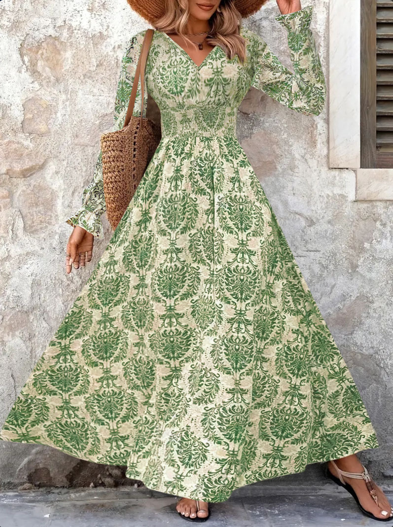 European And American Fall Women's Clothing Printed V neck Long Sleeve Big Hem Fashion All matching Dress Light Green - Shop at LoveMi