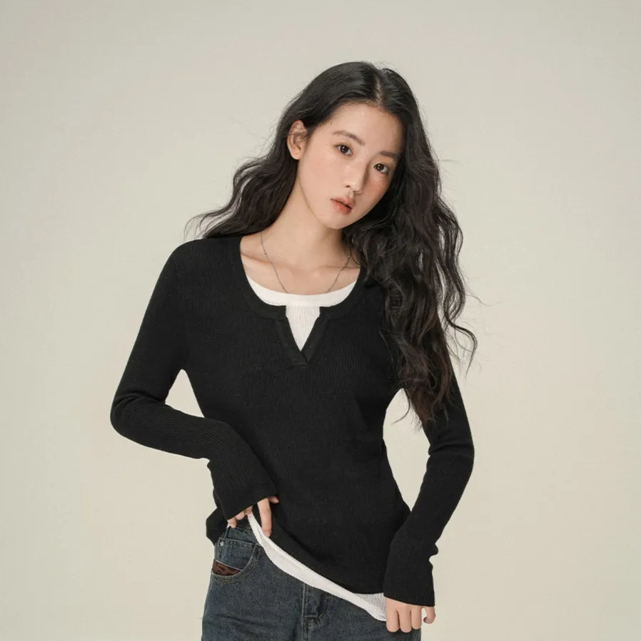 Shoulder Small V-neck Long-sleeve Women's Top Inner Wear - Black