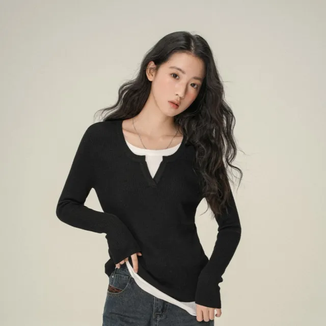 Shoulder Small V neck Long sleeve Women's Top Inner Wear Black - Shop at LoveMi