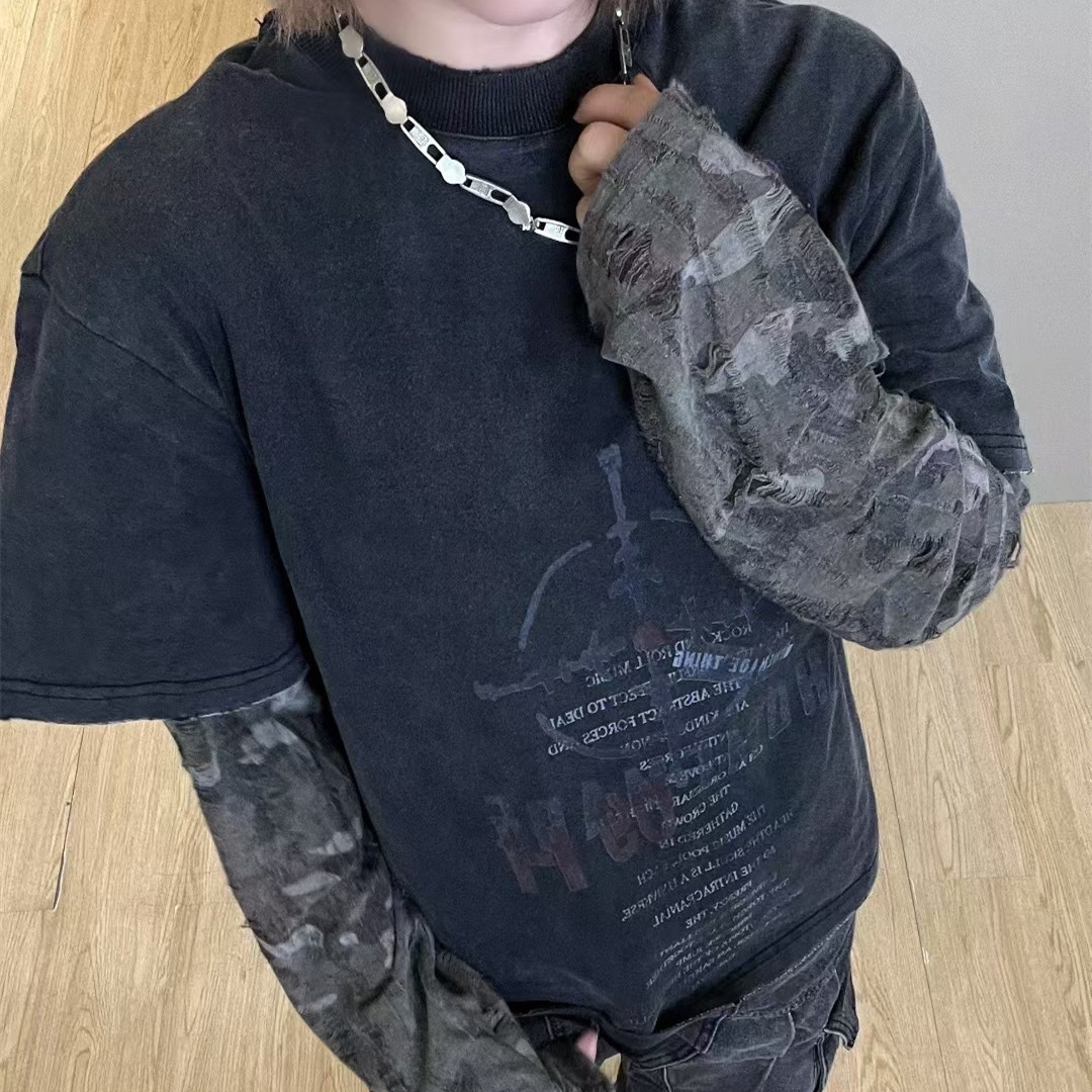 $27.95 American Street Fashion Brand Fake Two Wash Damaged Erosion Washed Long Sleeve