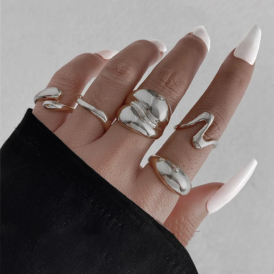 Gold Lava Line Irregular Water Drop Glossy Ring Set - Silver
