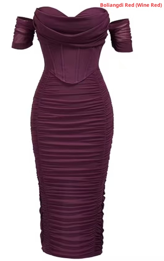 Cold shoulder Bodycon Corset Pleated Mid length Dress Wine - Shop at LoveMi