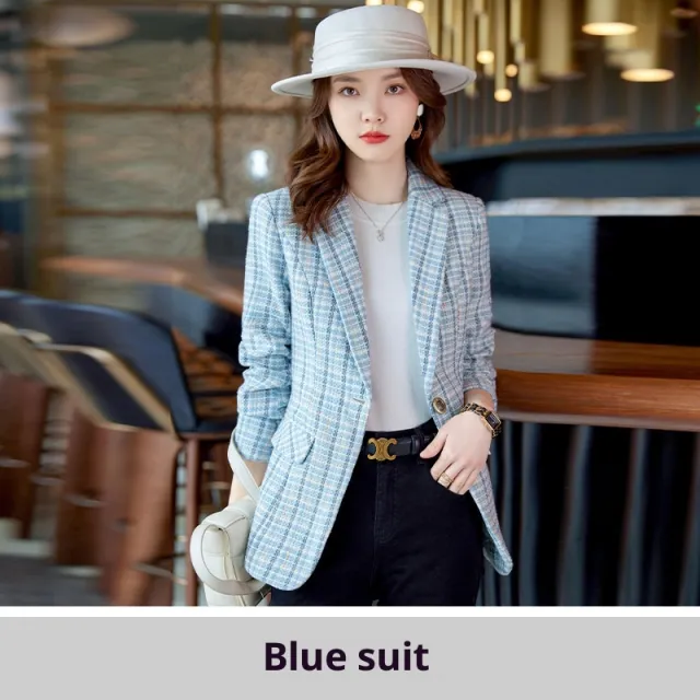 Casual Plaid Autumn Western Style Women's Clothing Long Coat Blue - Shop at LoveMi