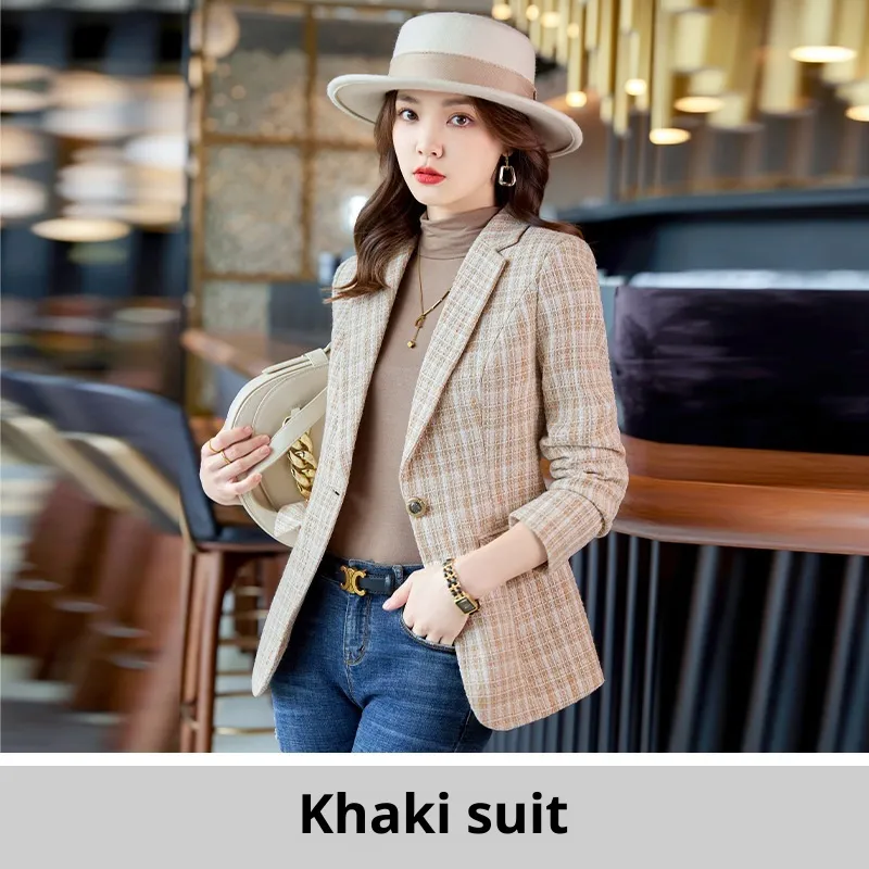 Casual Plaid Autumn Western Style Women's Clothing Long Coat - Khaki