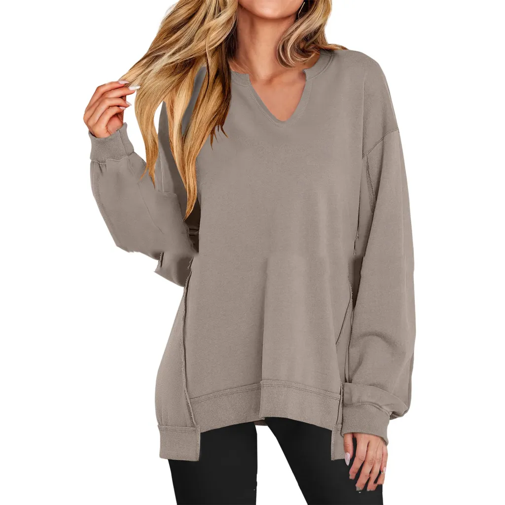 Women's Colorful Striped V-neck Loose Sweatshirt Sweater - Gray