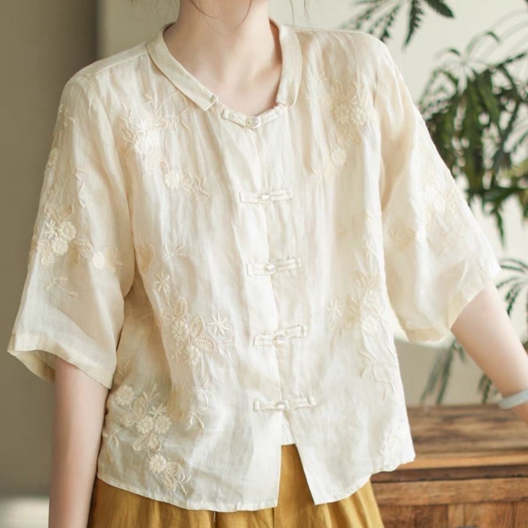 Cotton And Linen Embroidery Embroidered Shirt For Women Summer