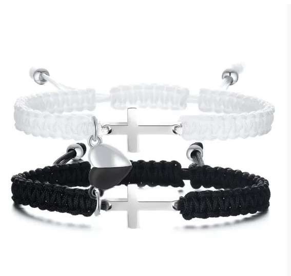 Love Heart Magnetic Couple Carrying Strap Stainless Steel Cross Shelf Bracelet Black And White - Shop at LoveMi