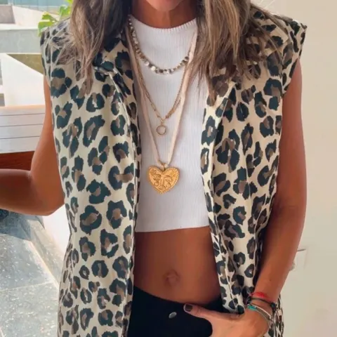 Brown Leopard Print Front Open Jacket Vest