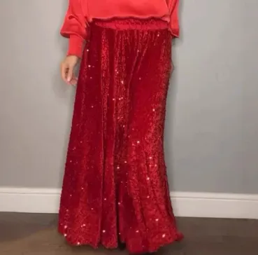 Round Neck Satin Top Sequin Dress Suit Two piece Set Red - Shop at LoveMi