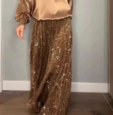 Round Neck Satin Top Sequin Dress Suit Two piece Set Gold - Shop at LoveMi