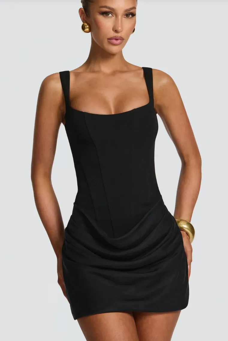 Graceful Tube Top Shoulder Strap Short Strap Dress - Black