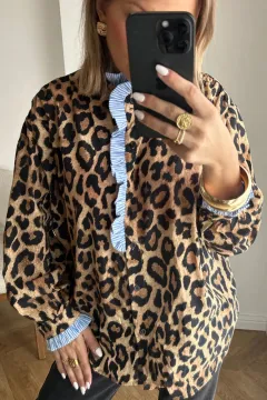 Brown Wild Leopard Print Contrast Striped Frilled Trim Chic Shirt - Brown - View 1