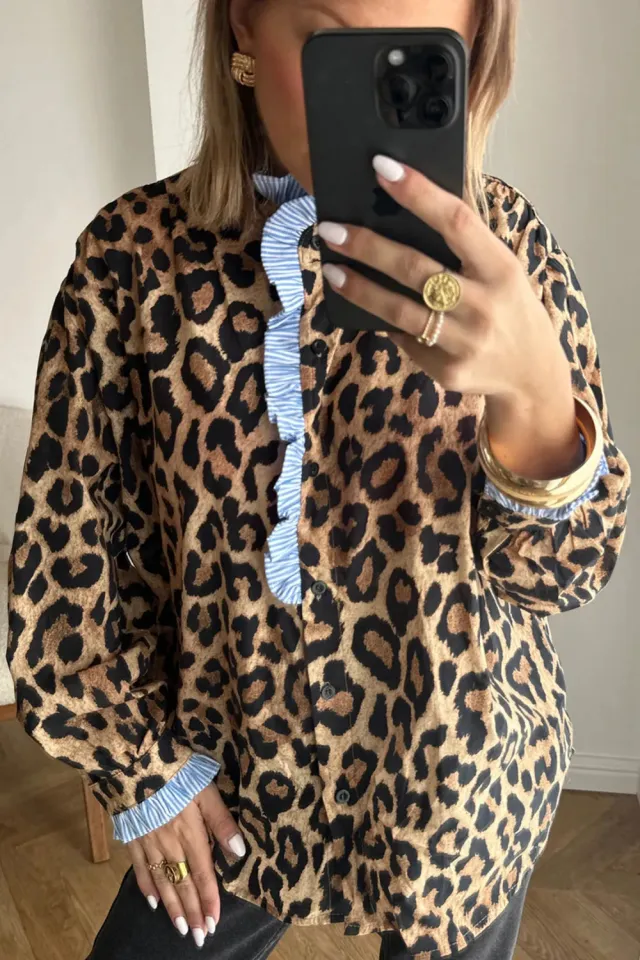 Brown Wild Leopard Print Contrast Striped Frilled Trim Chic Shirt Brown - Shop at LoveMi