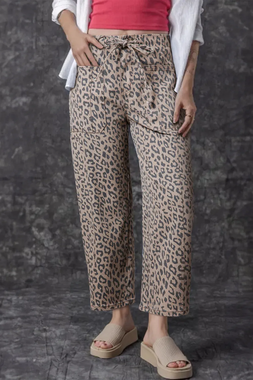 Khaki Leopard Printed Drawstring Elastic Waistband Pocketed Wide Leg Jeans - Khaki