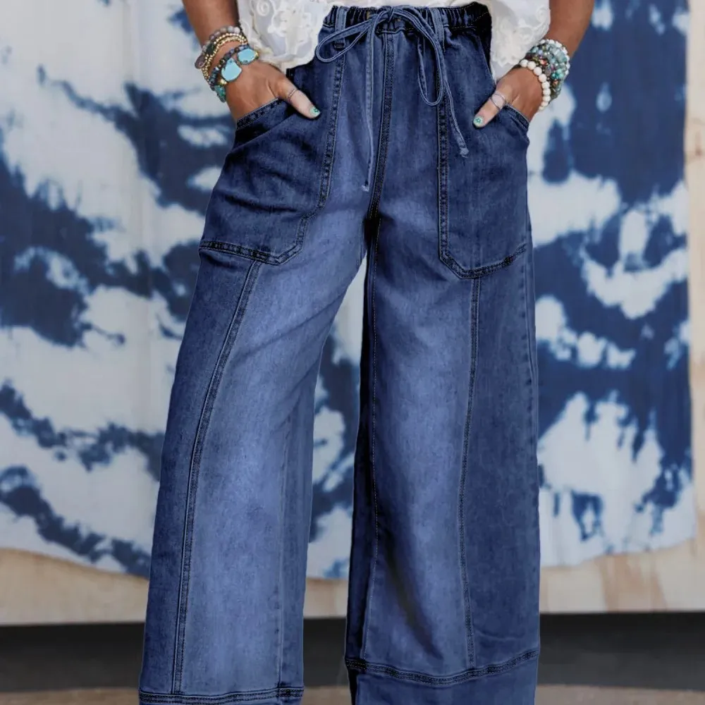 Prussian Blue Drawstring Seam Detail Raw Hem Wide Leg Denim Pants - Blue