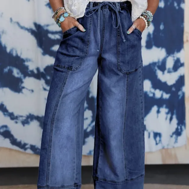 Prussian Blue Drawstring Seam Detail Raw Hem Wide Leg Denim Pants Blue - Shop at LoveMi