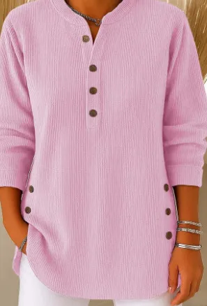 Solid Color Loose Casual V neck Button Long sleeved Women Blouse T shirt Pink - Shop at LoveMi