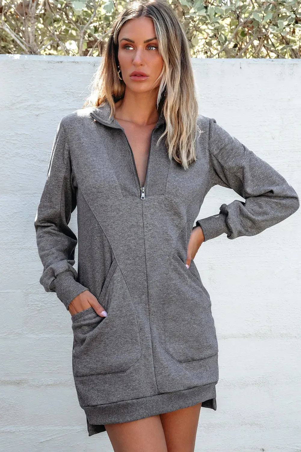 Dark Grey Zip Up Collared Ribbed Patchwork Sweatshirt Dress With Pockets - Dark Grey