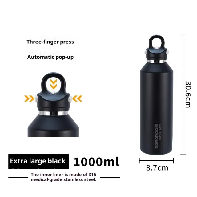 316 Insulated Cold And Hot Cup For Outdoor Sports Large Capacity Water Bottle Black - Shop at LoveMi