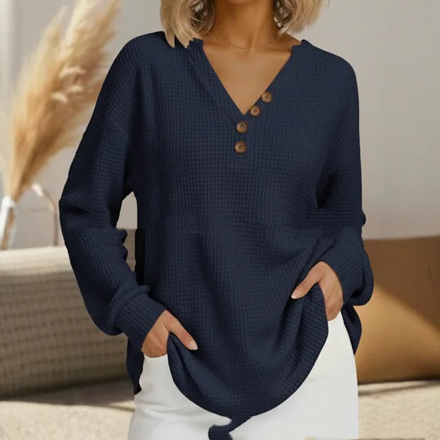 Casual Comfortable Loose Waffle Long Sleeve V neck Women's Top Blue - Shop at LoveMi