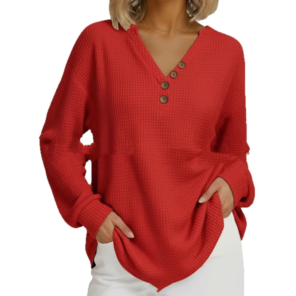 Casual Comfortable Loose Waffle Long Sleeve V-neck Women's Top - Red