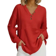 Casual Comfortable Loose Waffle Long Sleeve V-neck Women's Top - Red - View 1