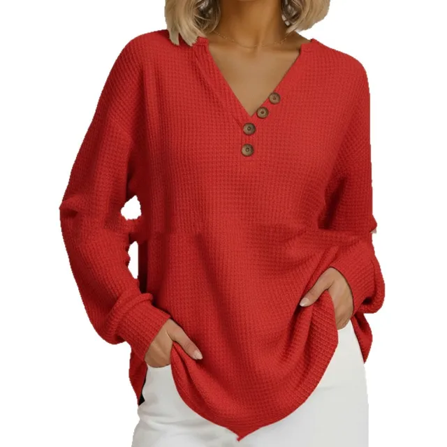 Casual Comfortable Loose Waffle Long Sleeve V neck Women's Top Red - Shop at LoveMi